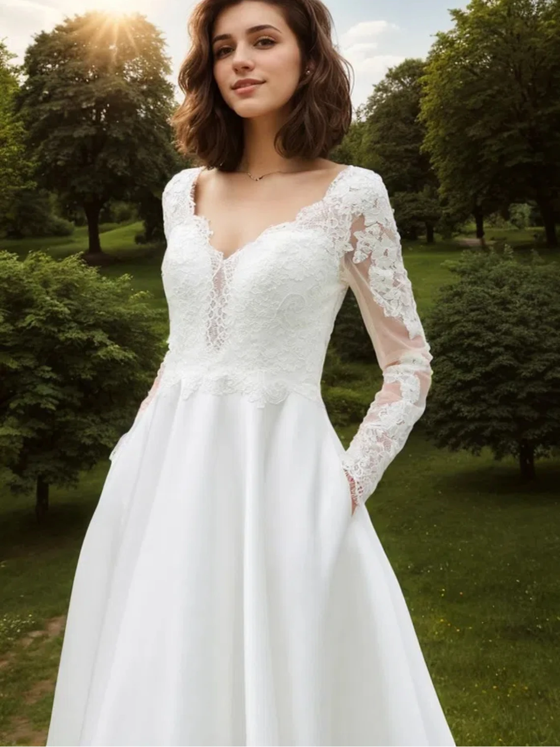 Elegante abito da sposa a trapezio romantico con scollo a V maniche lunghe in raso con applicazioni in pizzo abito da sposa da fidanzamento da spiaggia 2025 personalizzato gratuito
