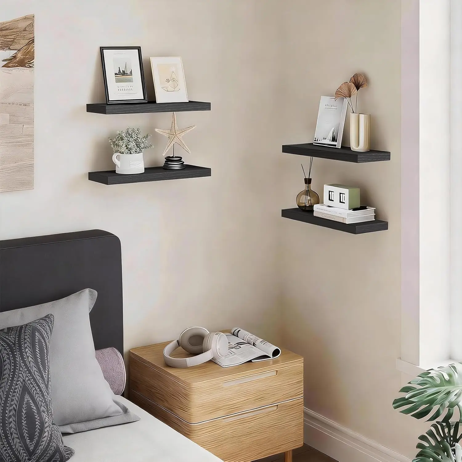 Set of 3 black 15.7‑inch rustic wood floating shelves, 22‑lbs capacity, wall‑mounted hanging shelves for books, storage and decor in bathroom, bedroom, kitchen.