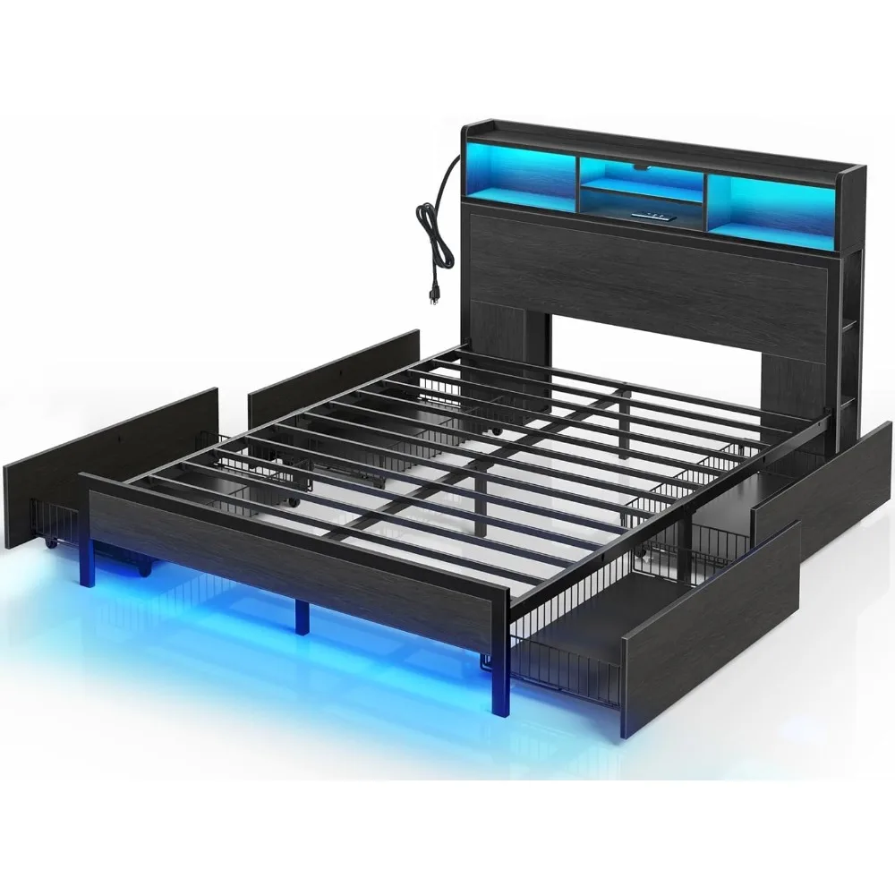 

Full Bed Frame with Storage Headboard, Metal Platform Bed with Charging Station, LED, 4 Drawers, Bookcase Storage