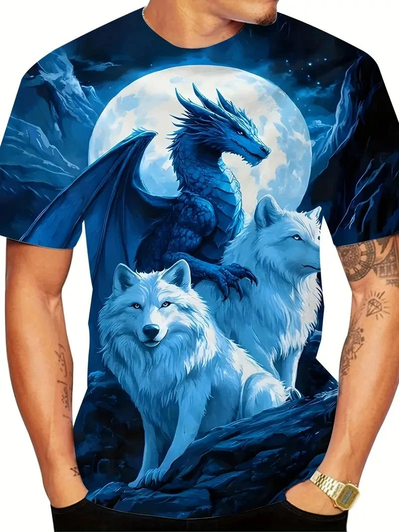 

Мужская футболка больших размеров с 3D принтом дракона и волка, свободная и повседневная, мягкая, удобная и дышащая, для занятий спортом на открытом воздухе