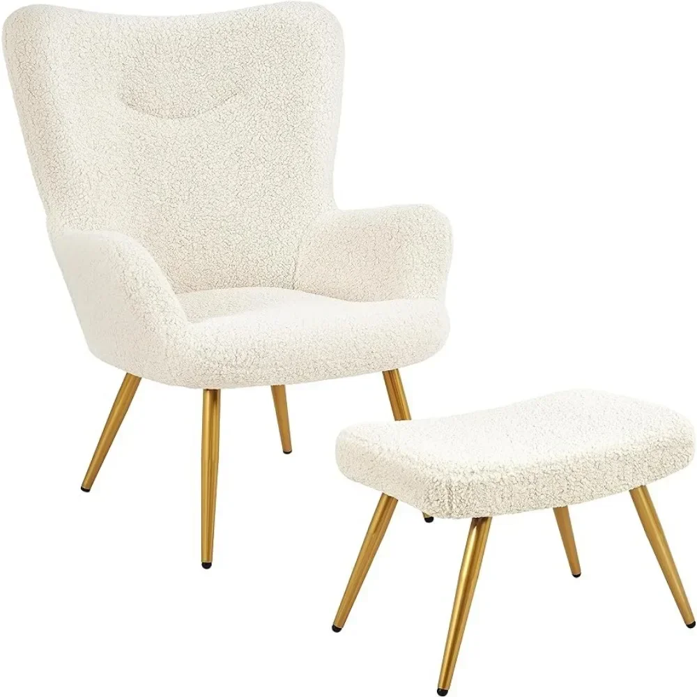 Accent Chair and Set with Golden Metal Legs and High Back, Footstool