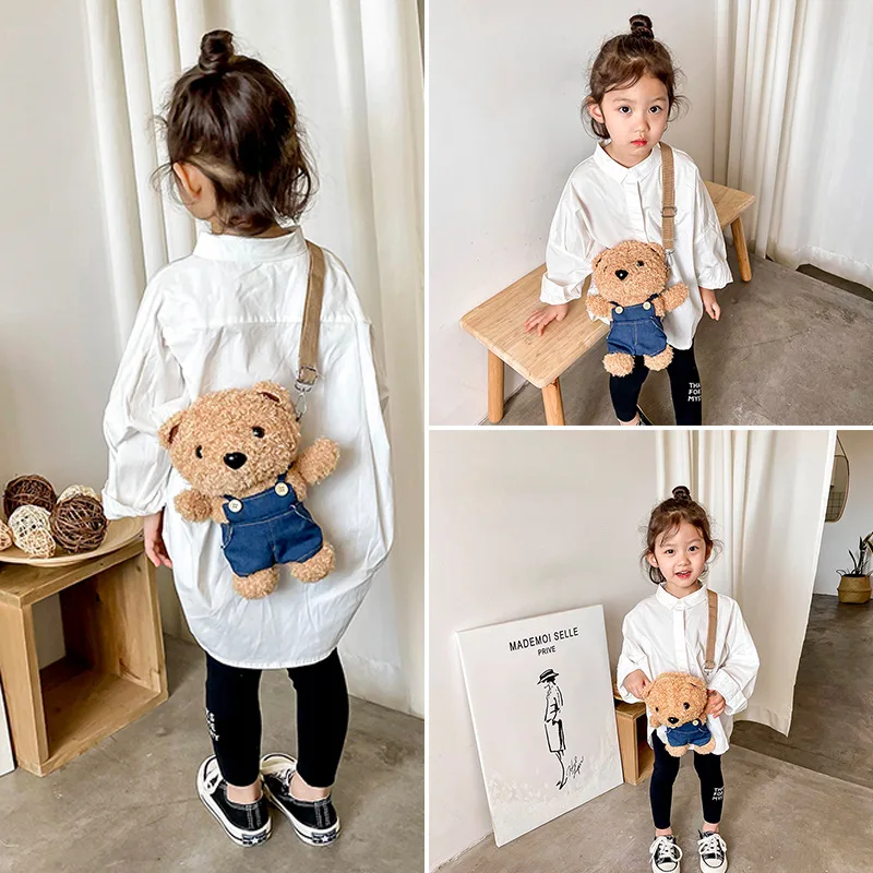 Plush Bear Children Bag Cartoon Cute Doll Crossbody Bag for Girls Toy Baby Shoulder Bag Cowboy Kids Coin Purse Birthday Gifts