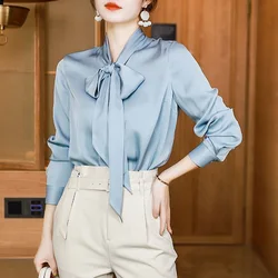 2023 New Spring and Autumn Luxury Exquisite Simulation Silk Ribbon Bow Knot Drop Commuter Simple Solid Color Women's Shirt