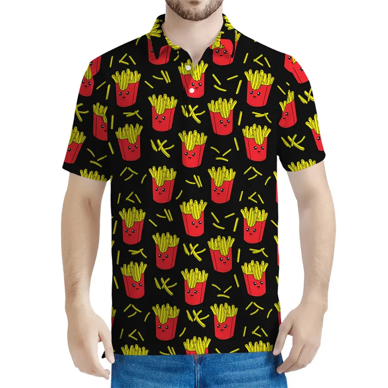 Cartoon French Fries Pattern Polo Shirt Men 3D Printed Tee Shirts Kids Casual Streetwear T-Shirt Lapel Button Short Sleeves