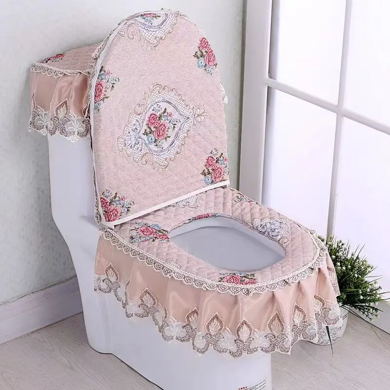 European Lace Toilet Seat Cushion 3Pc/Set Home Toilet Seat Cover Four Seasons Universal Polyester Washable Toilet Ring Pad