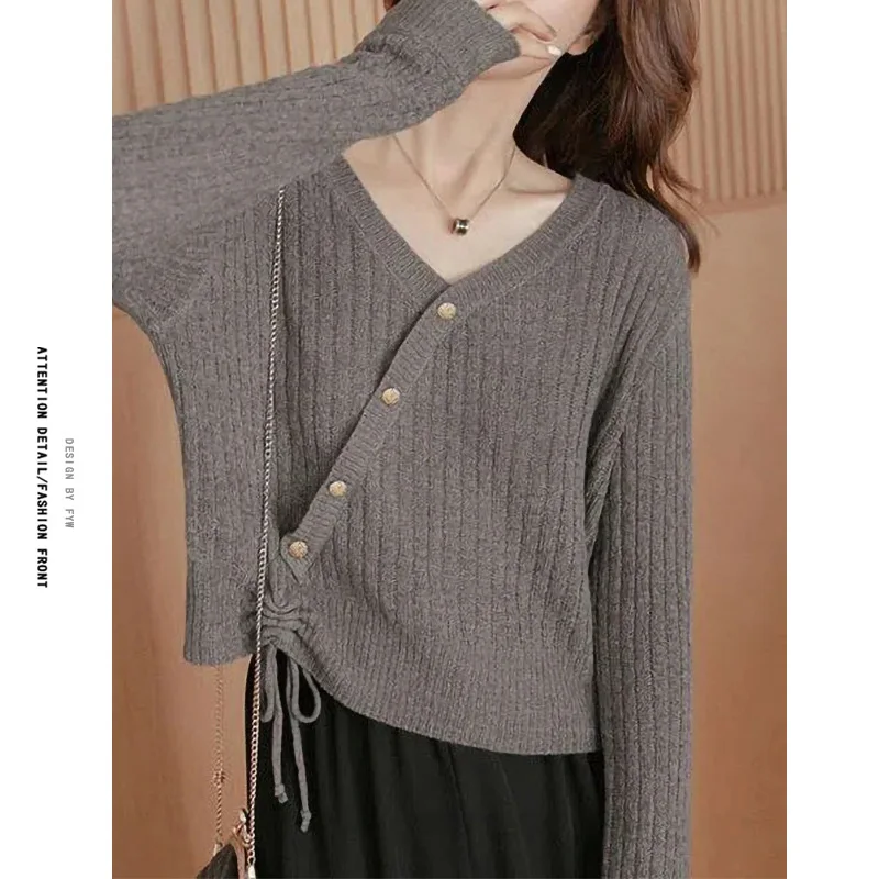 

Women's Knitted Sweater 2024 Autumn New Sle Base irt Design Thin V-ne Dstring Trendy Long Sve Crew Ne Pullover