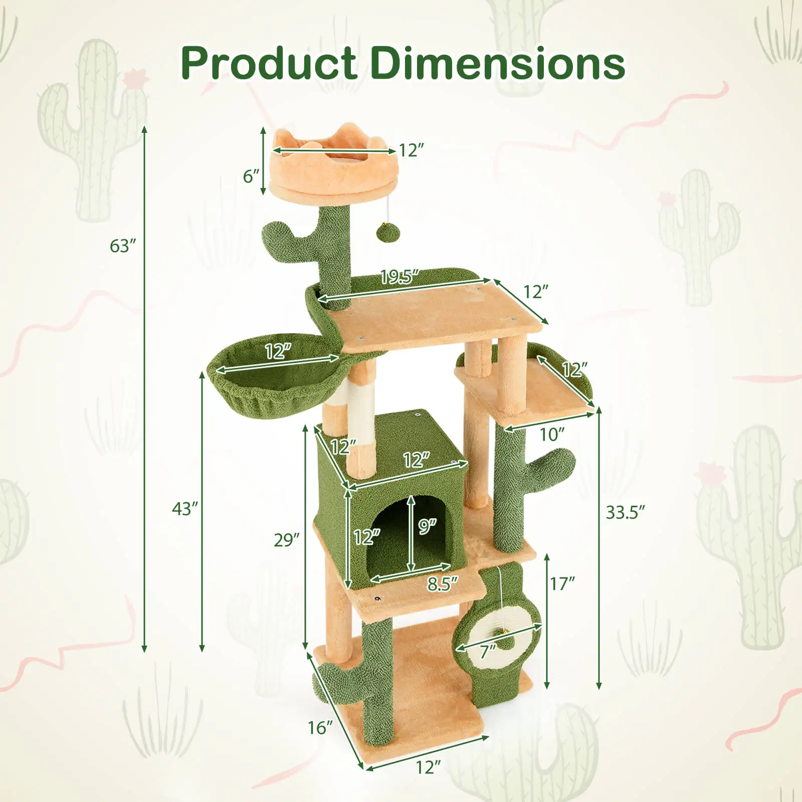 63" Cactus Cat Tree for Indoor Cats w/ Sisal Scratching Posts & Board Condo