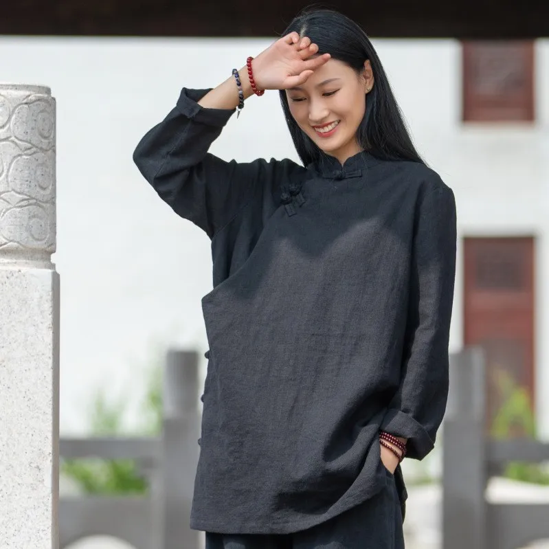 الرجعية الصينية Sle الوقوف طوق ميدي irt المرأة الجديدة الربيع الصيف الكتان الشاي شخص الملابس زن Sle زر حتى بلوزة