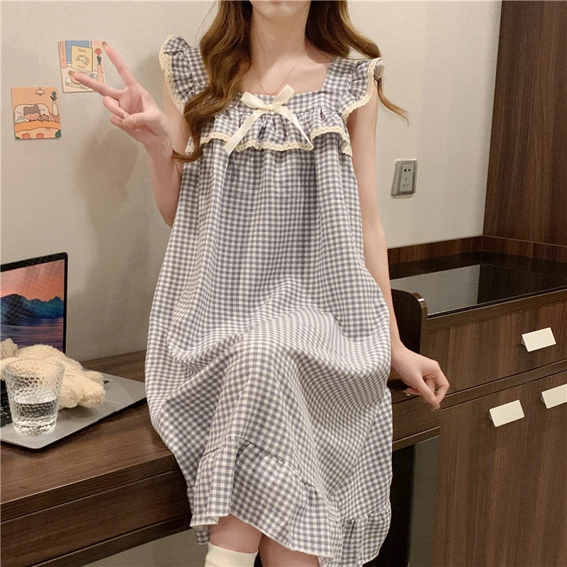 

Summer Plaid Cotton Spwear Women's Long Svel Home Clothes Set with Chest Pad Princ Sle Sweet Cute Design
