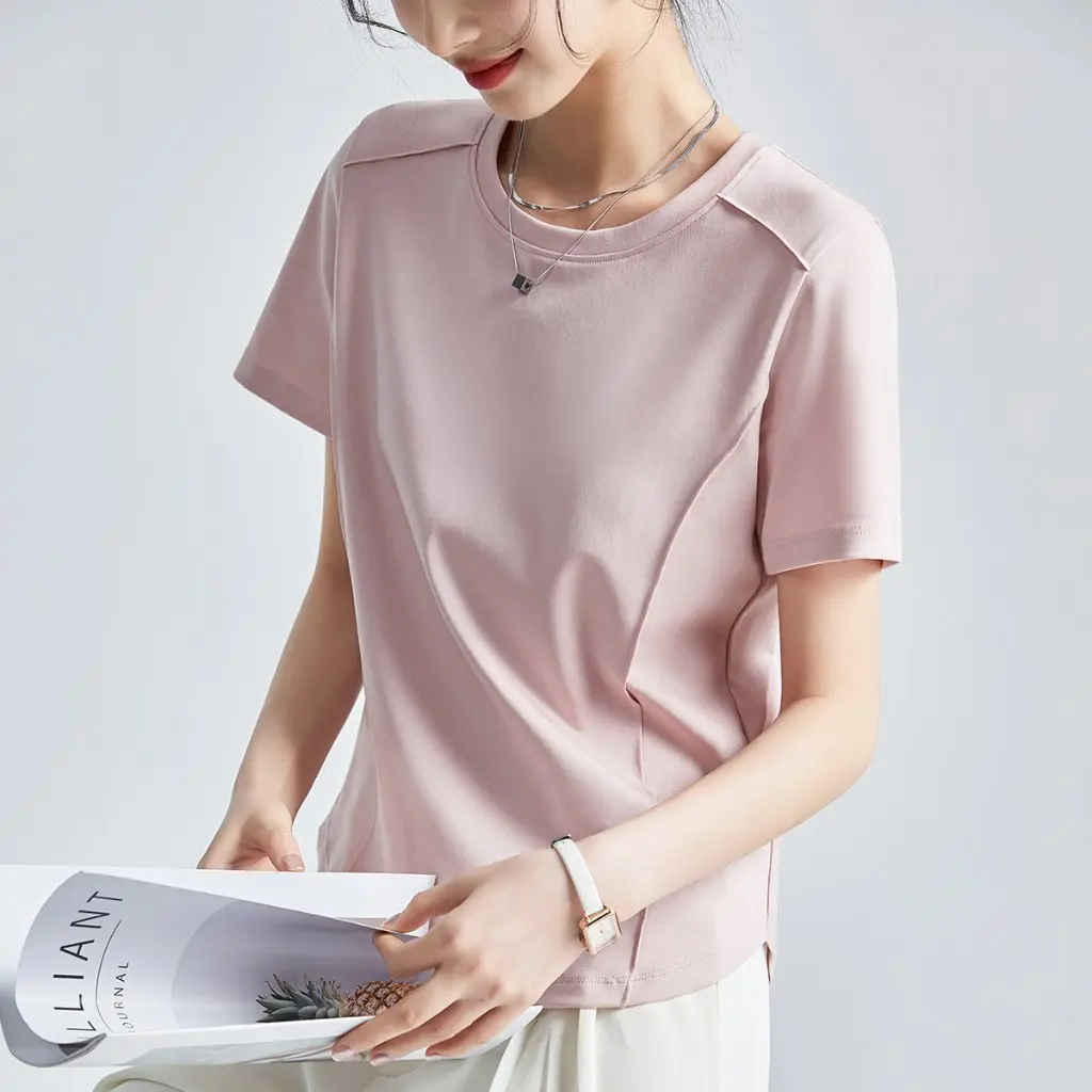 

Women's White Short-Sleeved Shoulder T-shirt Liquid Ammonia Mercerized Cotton Crewneck Base Shirt for Spring And Summer