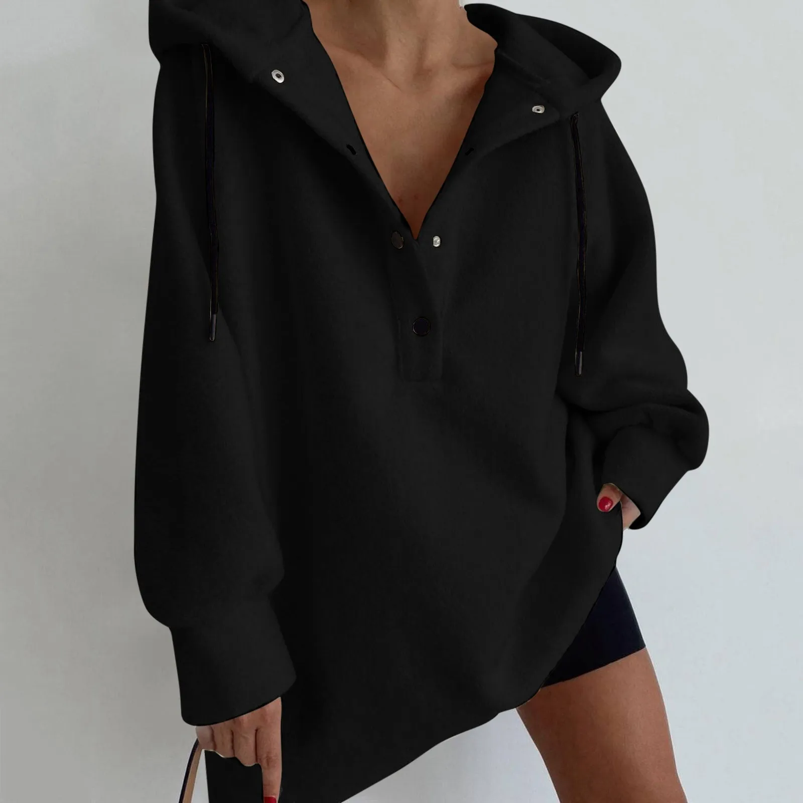 

Women Oversized Hoodies Sweatshirt Solid Color Pullover Drawstring Button Long Sleeve Loose Comfy Harajuku Hooded Clothing Tops