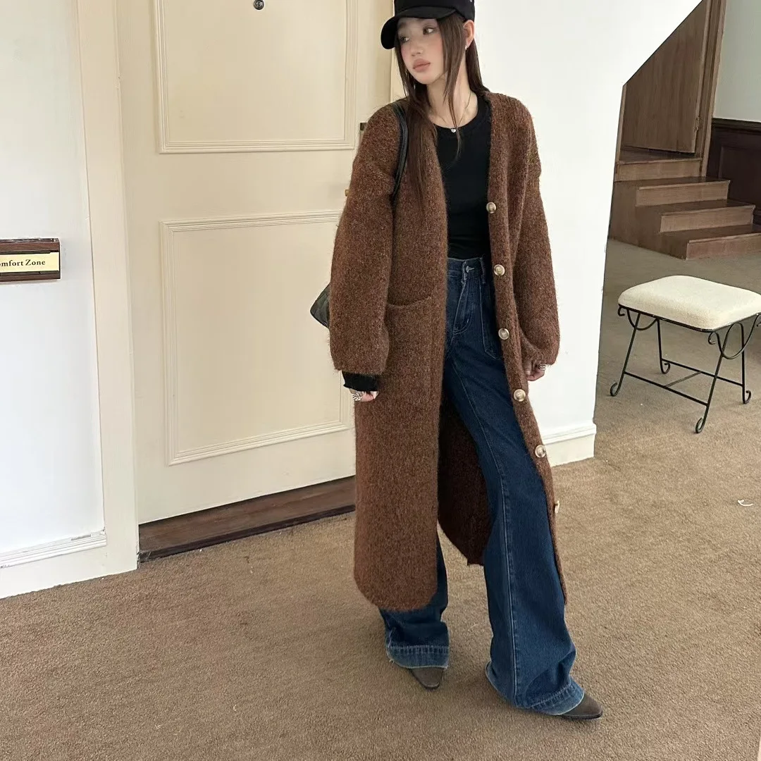 

2025 Autumn Long Cardigan Knitted Women Sweater V-neck Solid Elegant Maxi Coat Y2k Sweater Coat Soft Jacket Oversized Outerwear