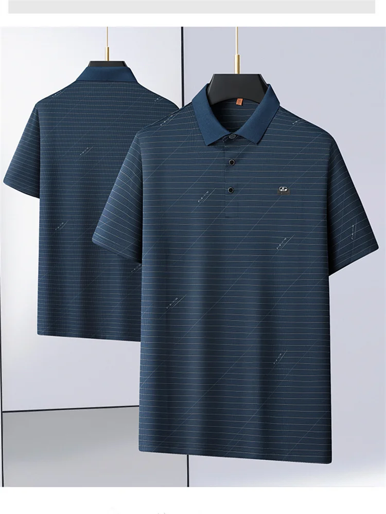 

Мужская рубашка больших размеров в полоску с отложным воротником, короткий рукав, свободный крой, дышащая, повседневная, деловая, модная летняя футболка-топ