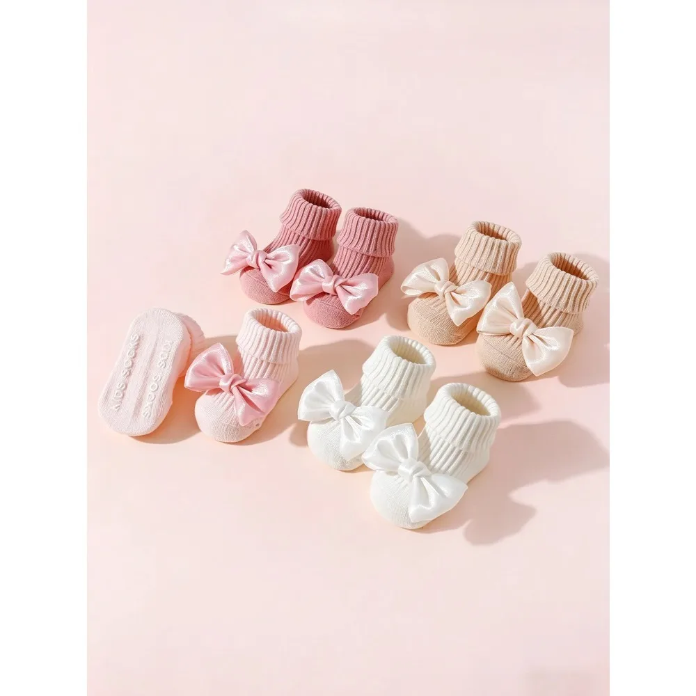 4 pares de calcetines para niños pequeños con lazos, calcetines tobilleros bonitos de algodón suave para niñas, calcetines antideslizantes de moda para bebés recién nacidos de 0 a 24 meses