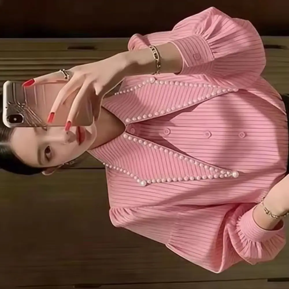 SpringSummer French Luxury Chic Pearl Turn Down Collar Long Sleeve Women Shirt Korean Striped Single Breasted Clothes All Match