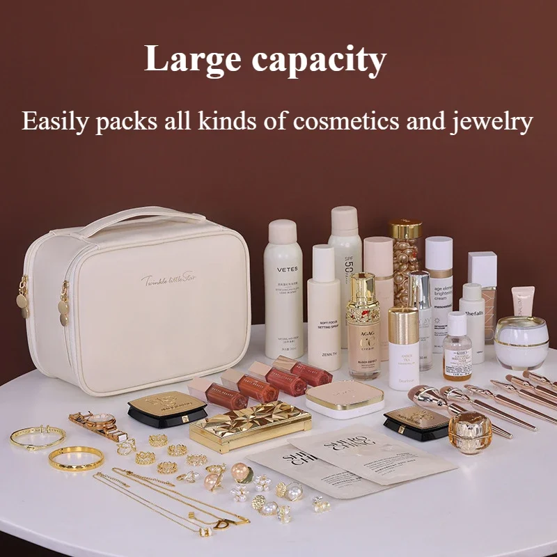 Borsa per cosmetici di lusso a doppio strato Borsa per gioielli divisoria portatile Organizzatore di cosmetici essenziali da viaggio di grande capacità