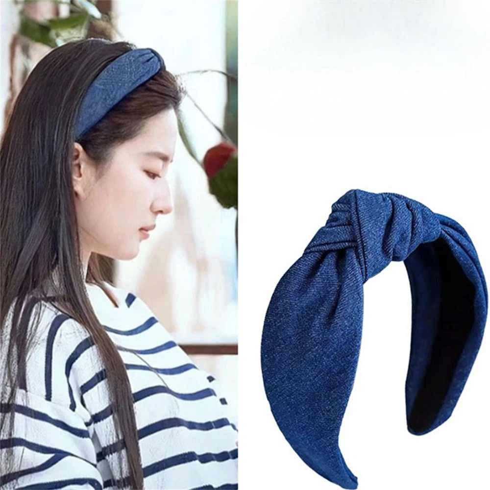 

Cross-Knot Wide Denim Blue Headband for Women Fashionable Hair Accessory for Girls Perfect for Spring
