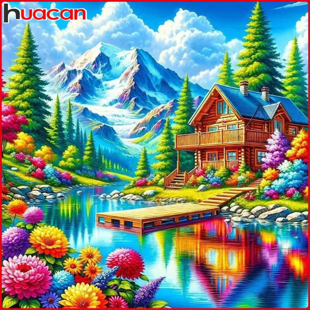 Huacan Neuheiten 2025, Diamantgemälde, Berghaus, Fluss, Diamantmosaik, Landschaft, komplettes Set, Bastelset