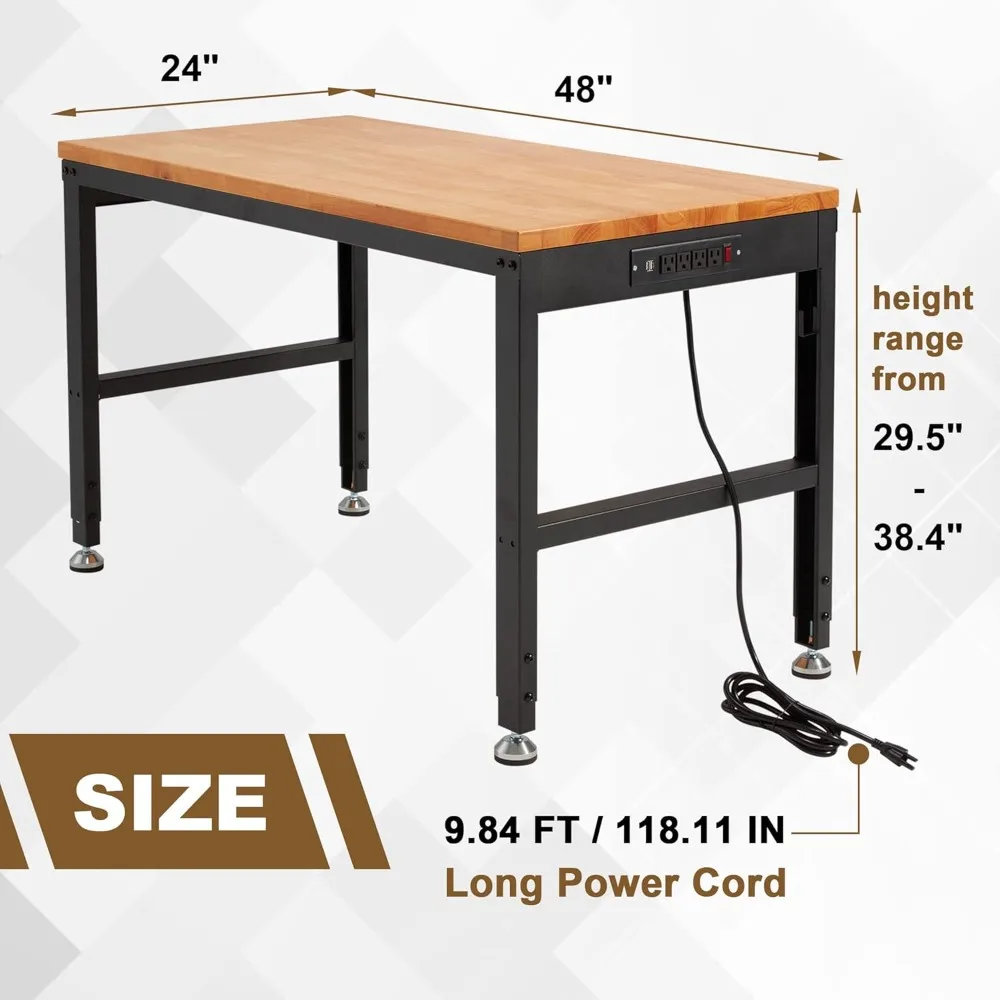 AHB 48" Workbench Adjustable Height, Oak Wood Work Table with Power Outlets, Max 2000 LBS, Heavy Duty Workstation for Garage Par