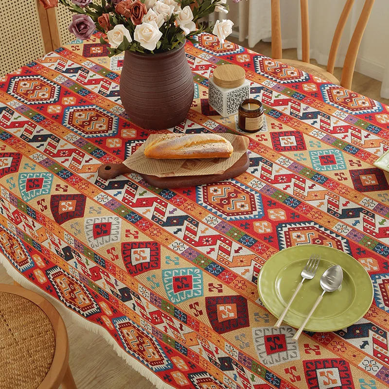 

Thickened American cotton linen retro jacquard tablecloth Bohemian ethnic dining tablecloth tassel cover cloth