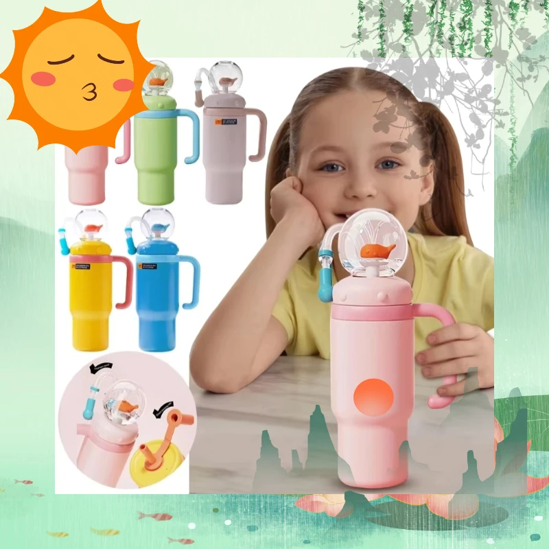 

Stainless Steel Double Capped Whale Fountain Cup With Handle Fun Children Insulated Water Cup Kindergarten Home Baby Straw Cup