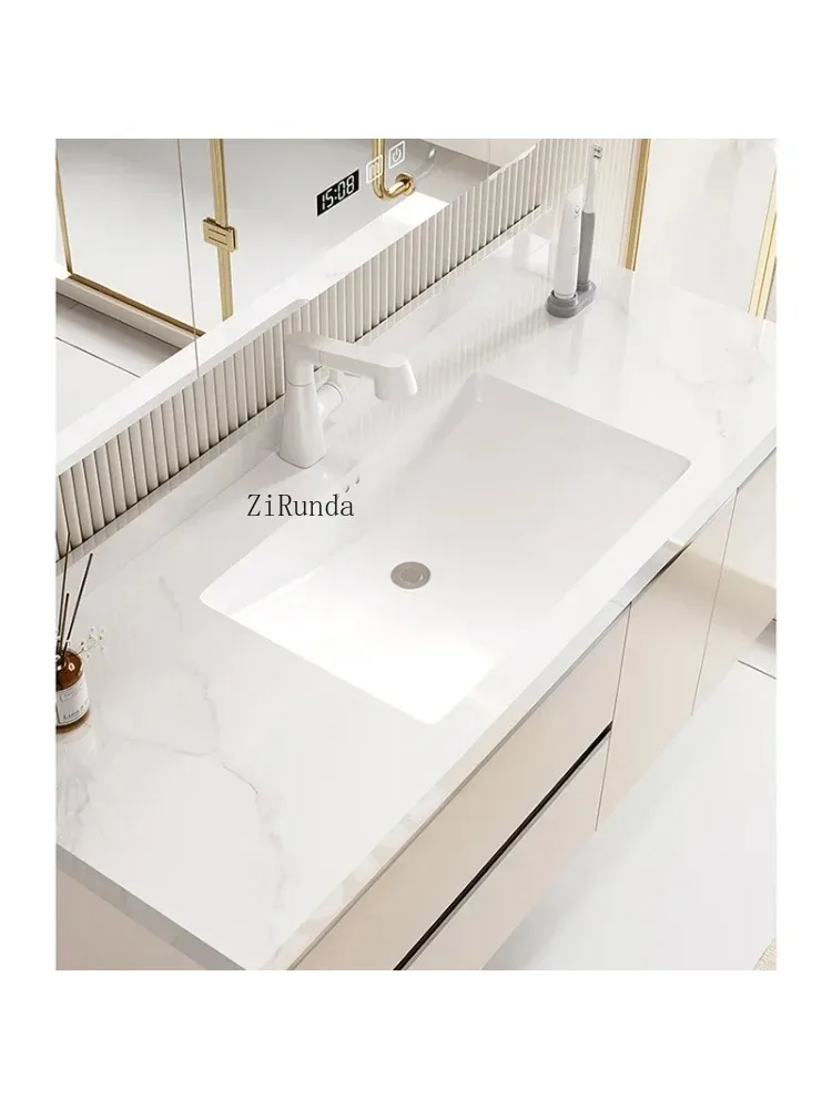 Armário de banheiro estilo creme, placa de rocha, cerâmica, bacia integrada, descanso, espelho, móveis simples para casa