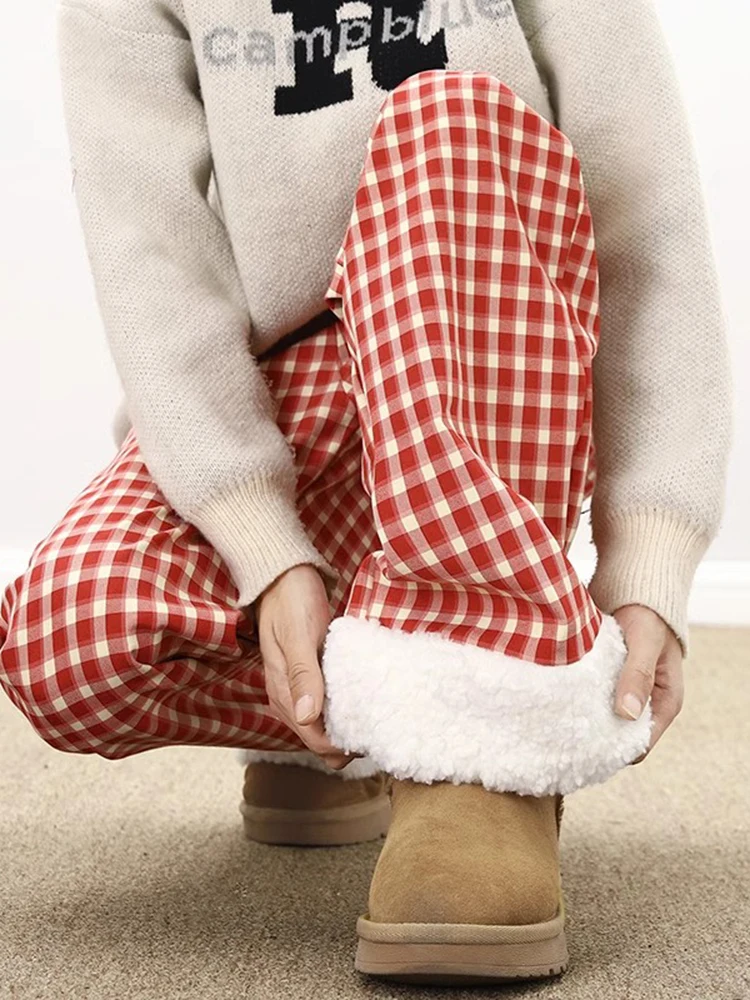 

Red Plaid Pants Extra Long Straight Leg Cold Proof Cotton Men's Winter Outerwear Super Thi Lamb Velvet Sweatpants