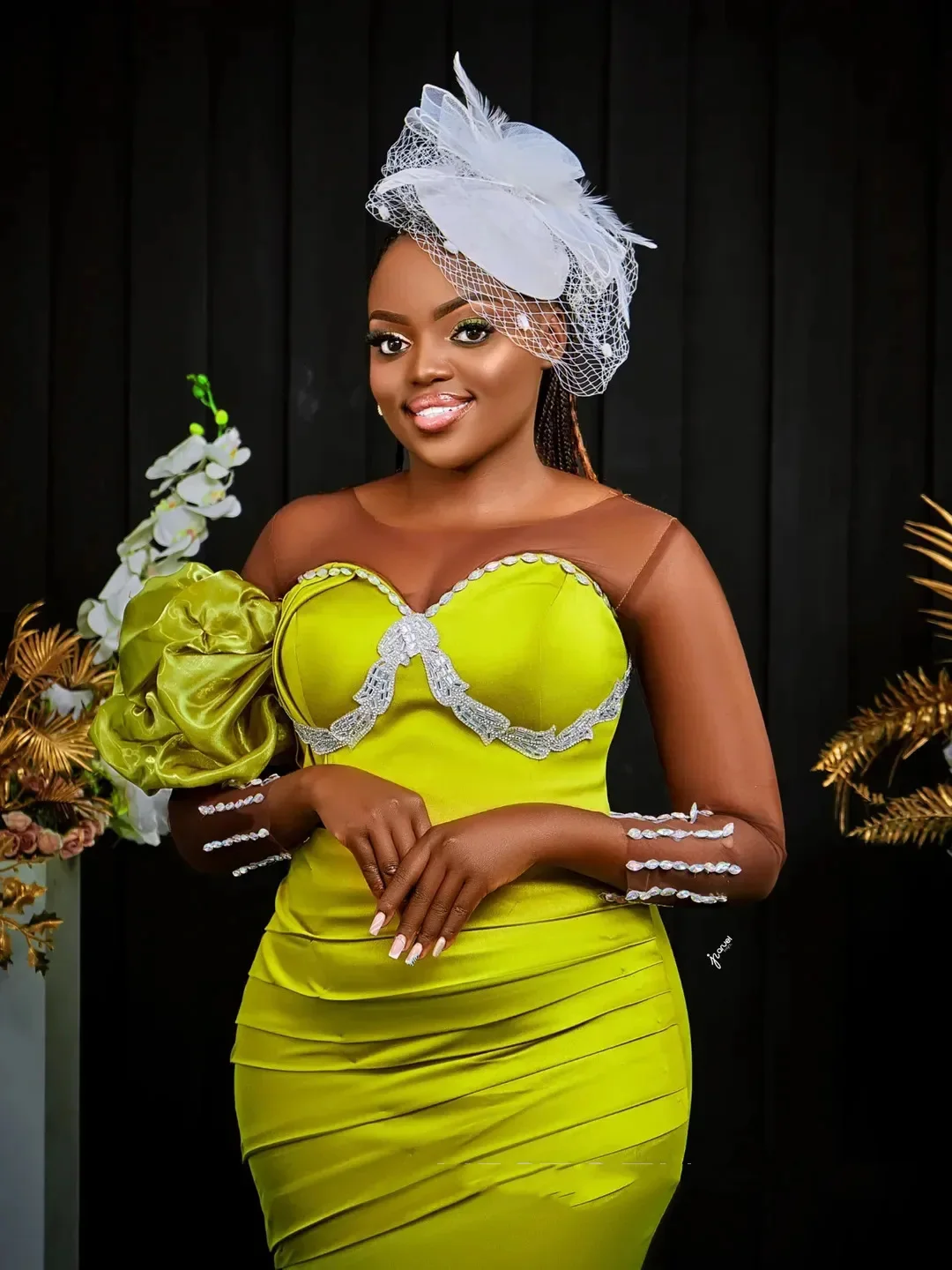 فساتين حفلة موسيقية حورية البحر الفلورسنت للنساء السود فستان سهرة بأكمام طويلة مزين بالزهور وأكمام طويلة مطرز