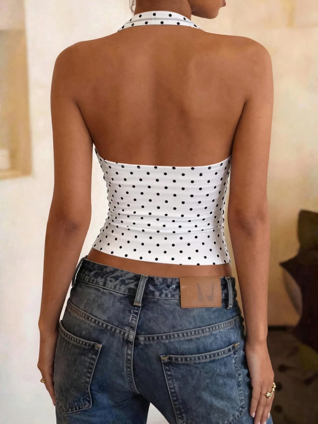 Hugcitar Polka Dot Print Halter Square Collar Backless Sexy Crop Tank Top Summer Women Fashion Outfit Birthday Party Holiday image 2
