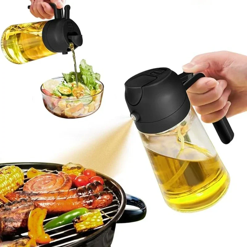 Botella pulverizadora de aceite de vidrio 2 en 1 de 500 ml, dispensador de aceite, aceitera, herramienta de cocina para barbacoa, hornear, asar, picnic y cocinar