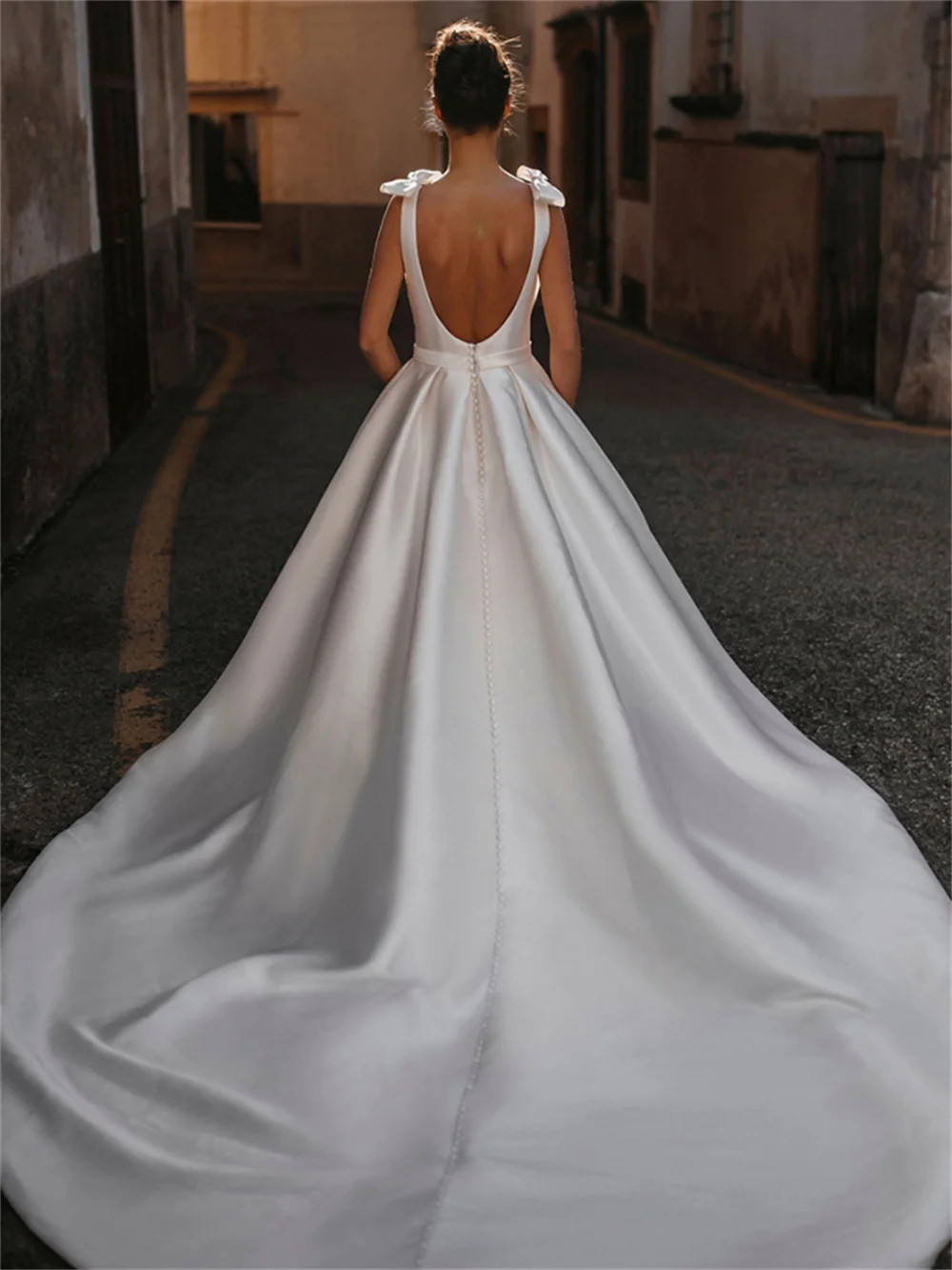 Graceful A-Line Wedding Dresses Bow Sleeveless Bride Robe V-Neck Backless New Bridal Gown Lace Spaghetti Strap Vestidos De Noiva