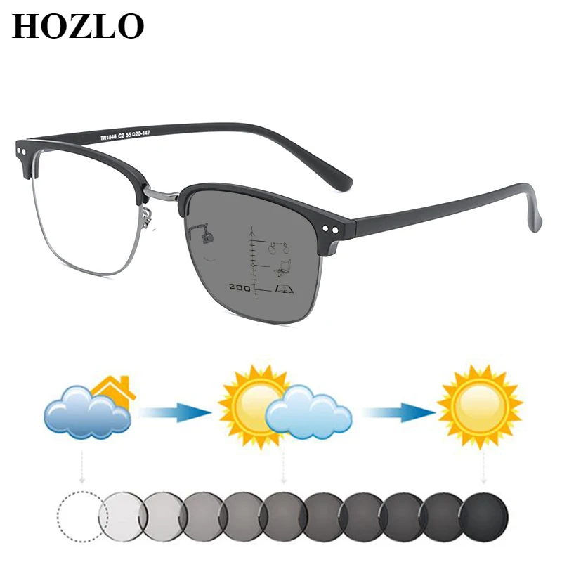 

New Women TR90 Rivets Progressive Multifocals Photochromic Reading Sunglasses Men Sun Automatic Discoloration Hyperopia Glasses