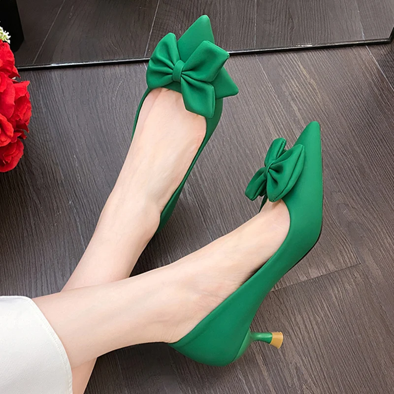 Lucyever Bowknot Green Pumps for Women 2024 Fashion Pointed Toe High Heel Shoes Woman Shallow Pu Leather Office Ladies Shoes