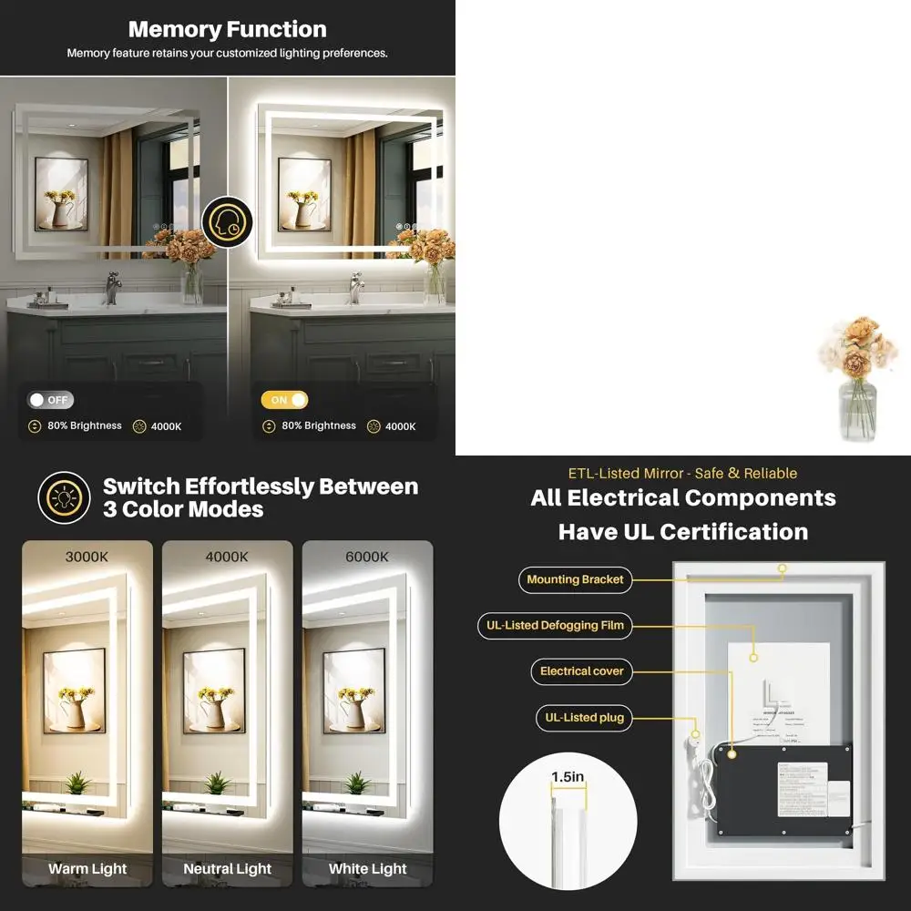 

Зеркало для ванной комнаты со светодиодной подсветкой 44 x 36, с защитой от запотевания, регулируемой яркостью и закаленным стеклом