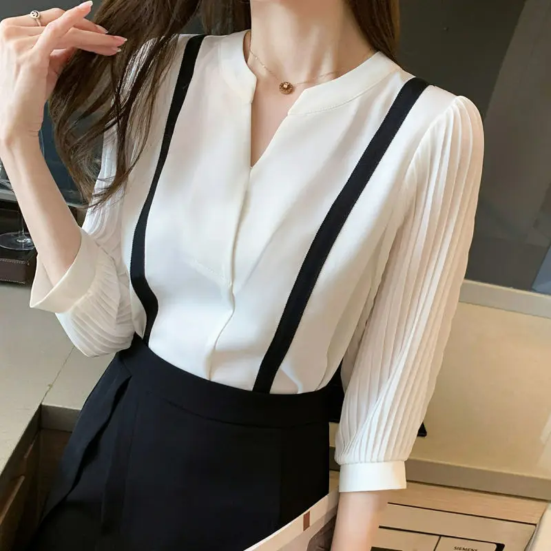 Women Blouses Folds Three Quarter Sleeve Office Lady Patchwork Cozy Chiffon V-neck Temperament All-match Tops Soft Shirt Female