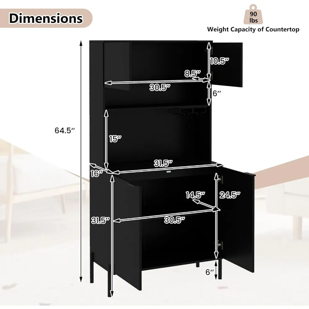 64.5” Tall Kitchen Pantry Cabinet, Buffet Sideboard with Charging Station, Modern Wine Bar Cabinet with Wine Glass Rack,
