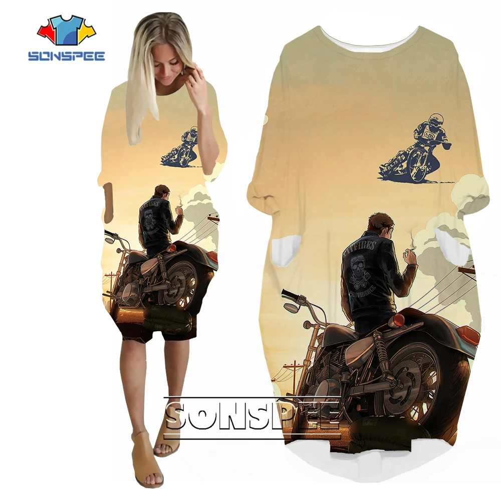 SONSPEE 3D Print  Punk Motorcycle Rider Long Sleeve Dress Funny Anime Cartoon Harajuku Customize Women Loose Hip Hop Streetwear