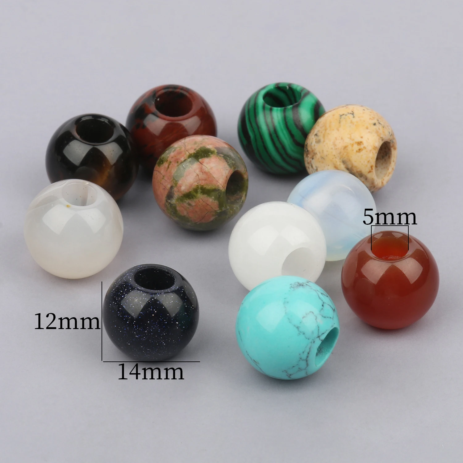 2Pcs/lot Natural Stone Big Hole Beads 14x12mm Turquoises Tiger Eye Agates Round Loose Beads for Making DIY Jewerly Bracelet