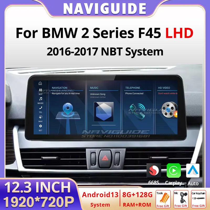 NAVIGUIDE 12.3'' For BMW 2 Series F45 MPV 2016-2017 Car Radio Android 13 CarPlay Multimedia Player WIFI DSP Stereo Head Unit BT