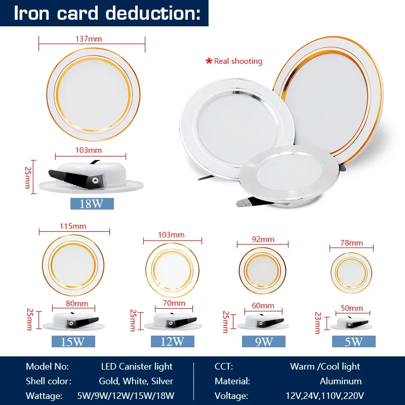 Cold Warm White LED teto Downlight, Spot Light, embutido na lâmpada, 12V, 24V, 110V, 220V, 5W, 9W, 12W, 15W, 18W, lote 10 PCes