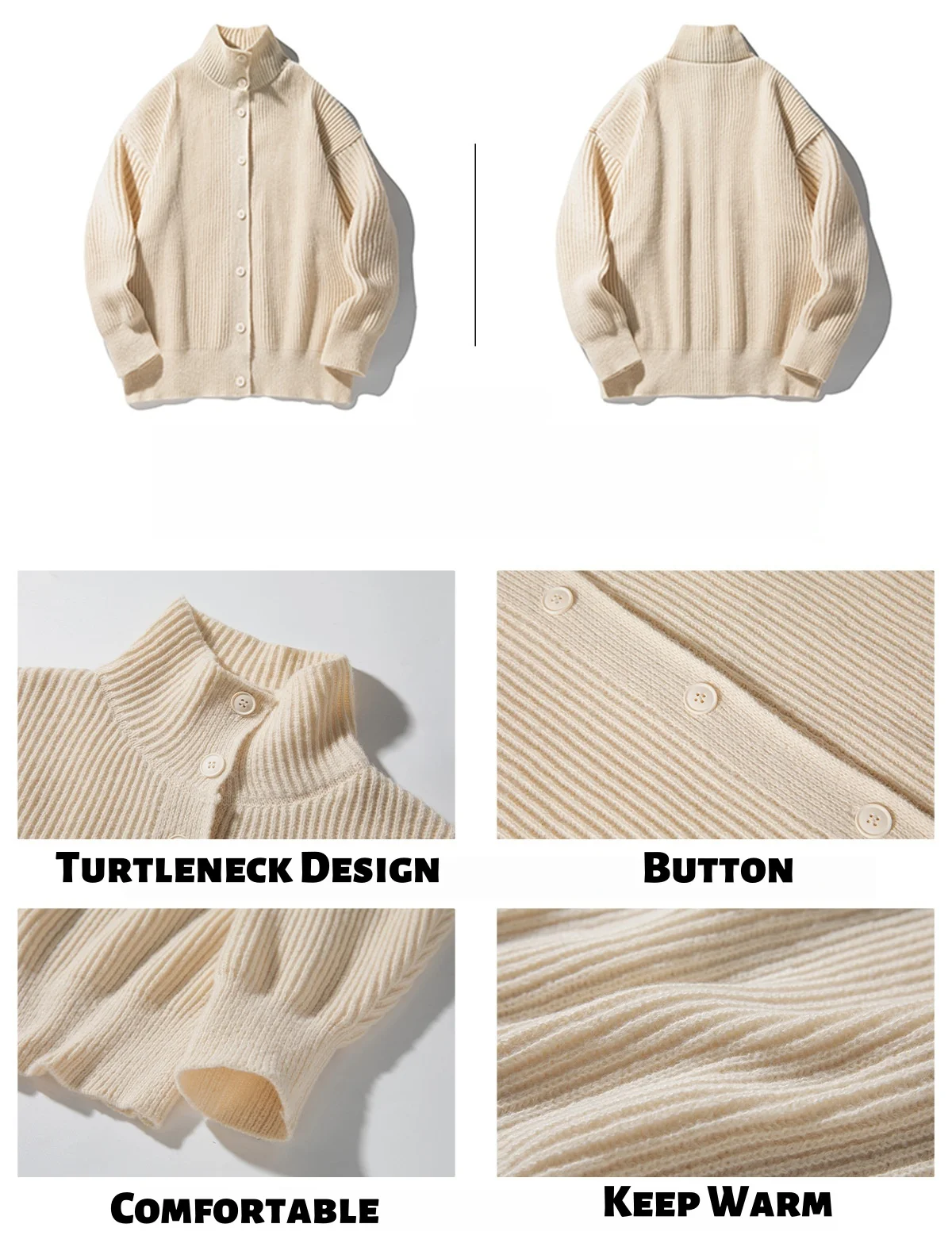 Faux Deer Velvet Turtleneck Cardigan Sweater Men's Autumn Winter Retro Lazy Wind Solid Knit Sweater Standing Collar Jacket