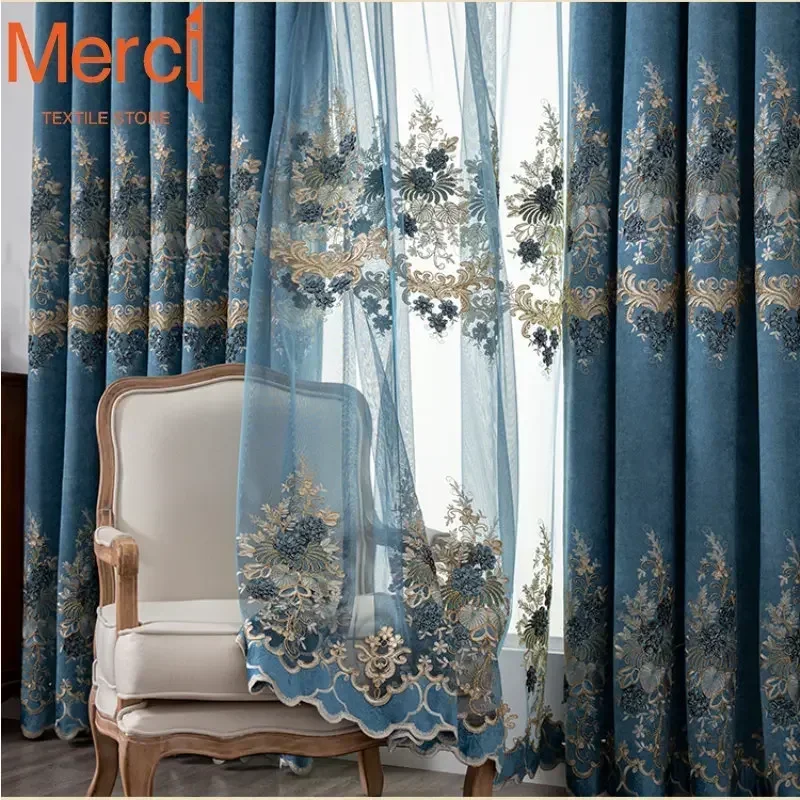 European Style Curtain for Living Dining Room Bedroom Chenille Luxury Blue Tulle Shading Embroidered High-end Window Custom Size