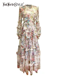 TWOTWINSTYLE Hit Color Print Dresses For Women Round Neck Lantern Sleeve High Waist Folds Elegant Dress Female Fashion Clothing