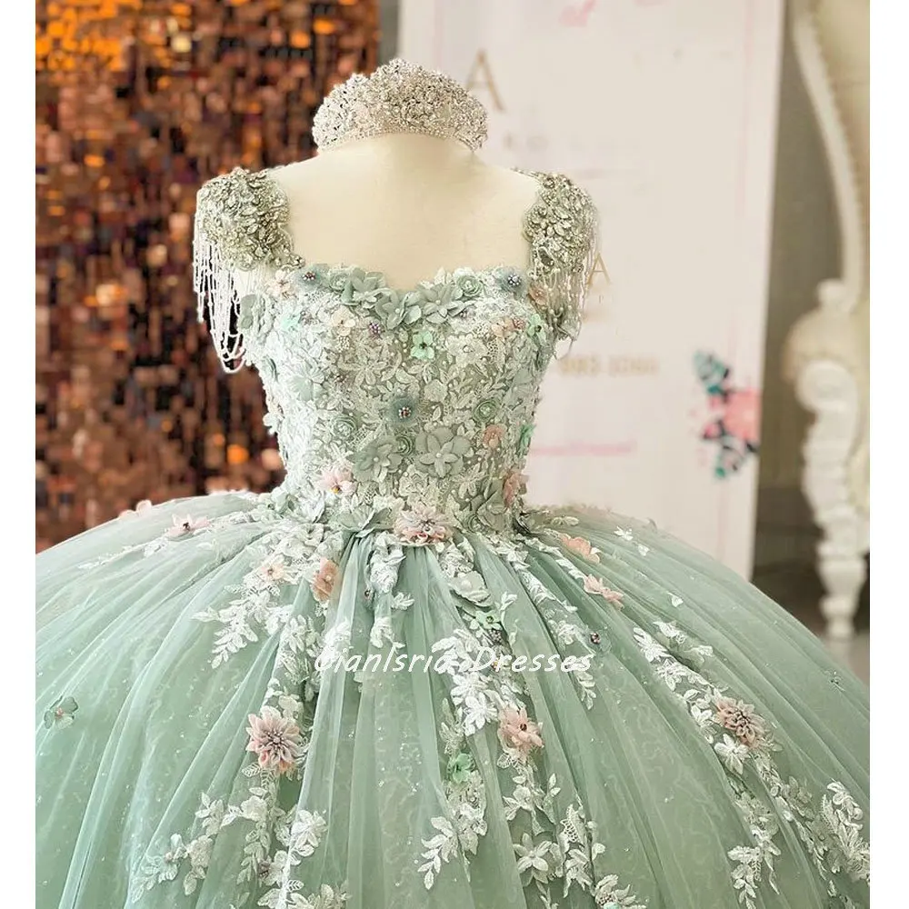 Mint Green Beading Tassel Quinceanera Dress Ball Gown Off The Shoulder 3D Flowers Appliques Corset Sweet 15 Vestidos De XV Años