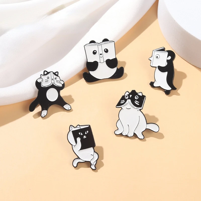 Lovely Animal Enamel Pins Custom Cat Penguin Panda Read A Book Brooch Hat Bag Lapel Pin Cartoon Funny Badge Jewelry Gift for Kid