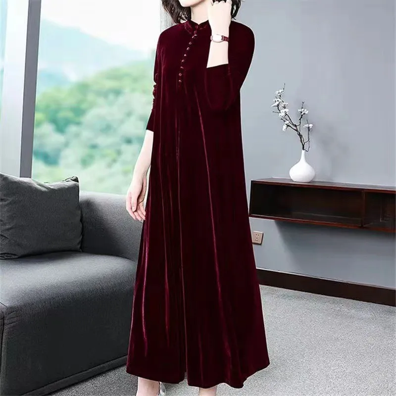 Fdfklak Gold Velvet Nightdress Women Spring Autumn 2023 New Temperament Feminine Long Dress Middle-Aged Mother Nightgowns M-4XL