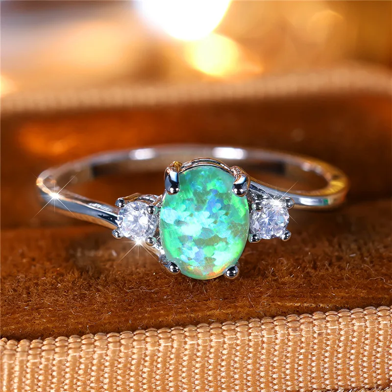 Cute Female Green Fire Opal Oval Stone Ring Fashion Silver Color Wedding Engagement Jewelry For Women