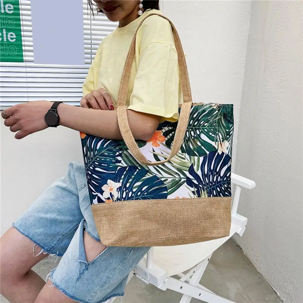 Bolso de hombro con estampado botánico para mujer, bolsa de mano con bolsillo interior, cierre de cremallera, viaje de compras, bandolera de comestibles