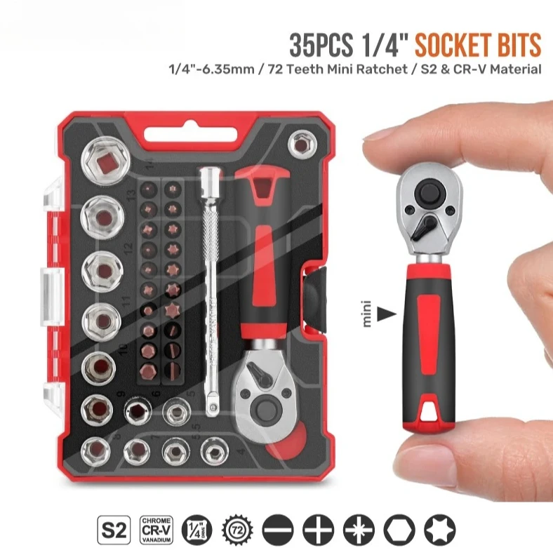 

35Pcs for Auto Repair Socket Wrench Set & Hand Tool Kit 1/4" Mini Ratchet Wrench Socket Set w/ Hex Bits & Quick-Release