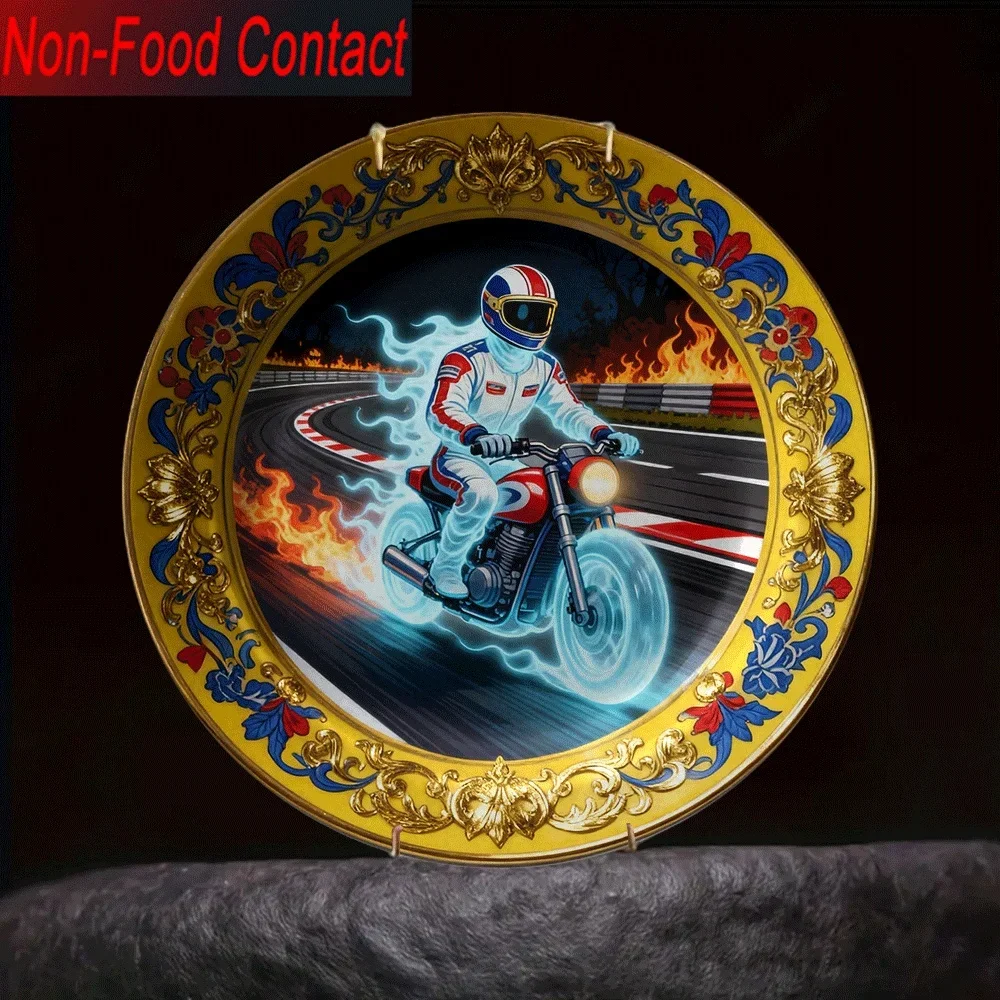 2D Flat, 1pc Motorcycle Racing Ceramic Decorative Plate - Non-Food Contact Safe, Vibrant Red & Design with Rider & Track, Ideal